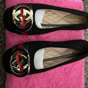 Gucci Black Flats with Gold and Green Red Detail